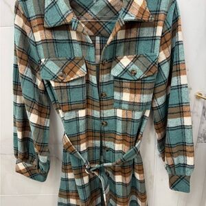 Entro Teal and Brown Plaid Long Sleeve Dress